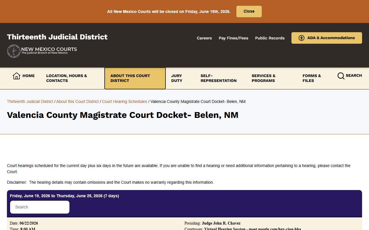 Valencia County court dockets Belen Magistrate Court schedule
