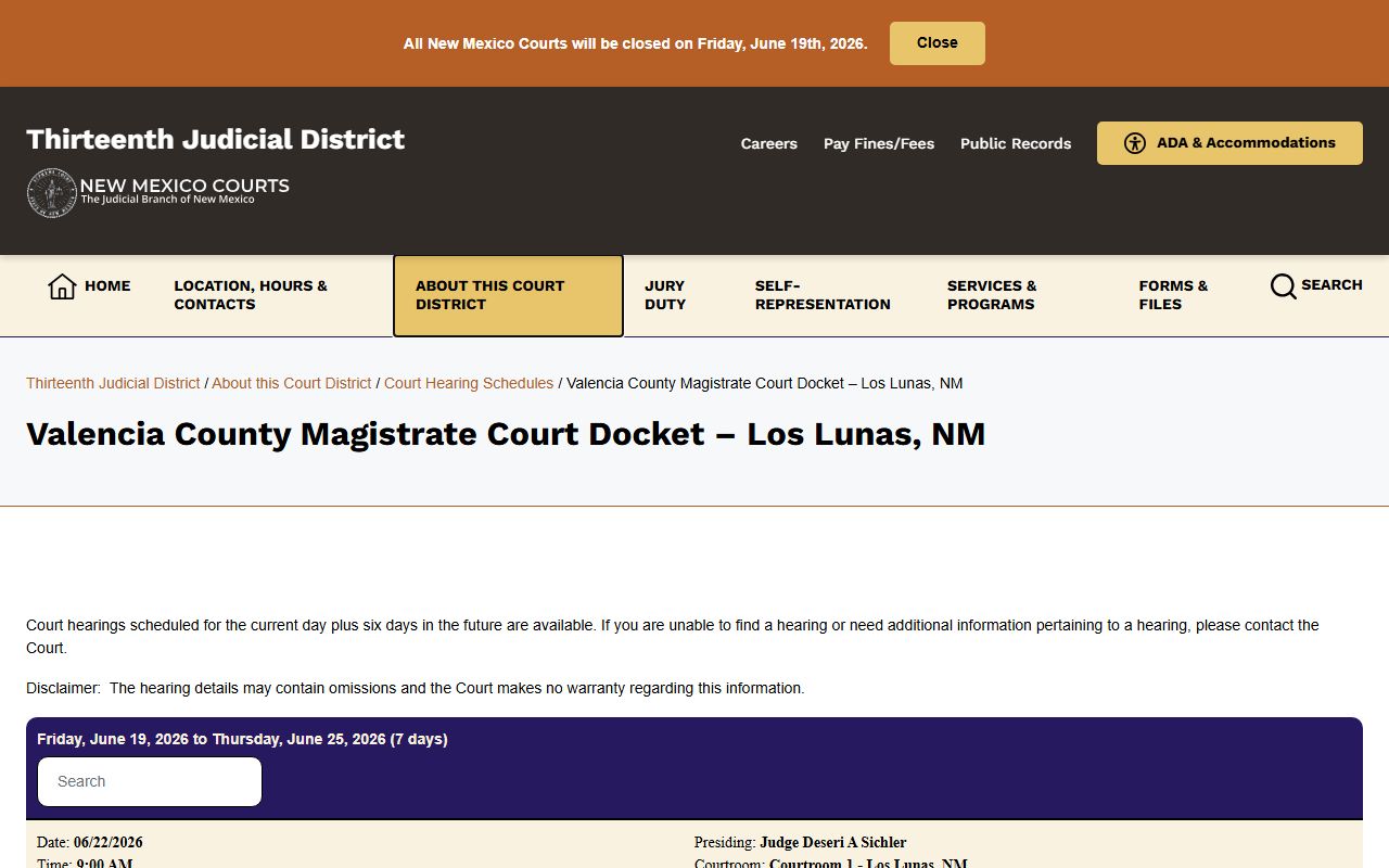 Valencia County court dockets Los Lunas Magistrate Court schedule