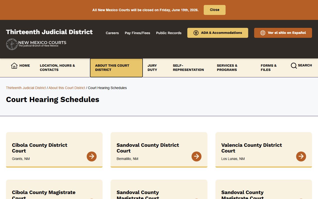 Valencia County court dockets Thirteenth District docket landing page