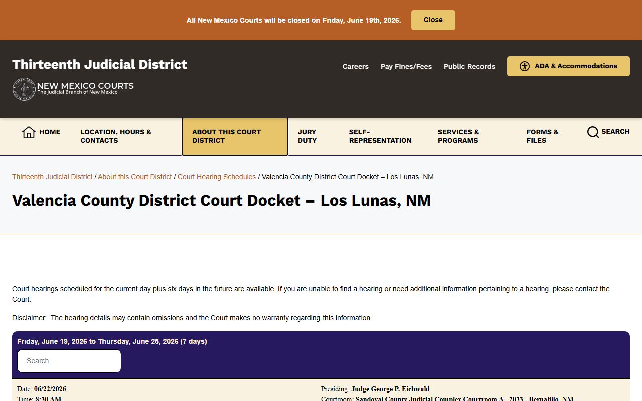 Valencia County court dockets District Court hearing schedule