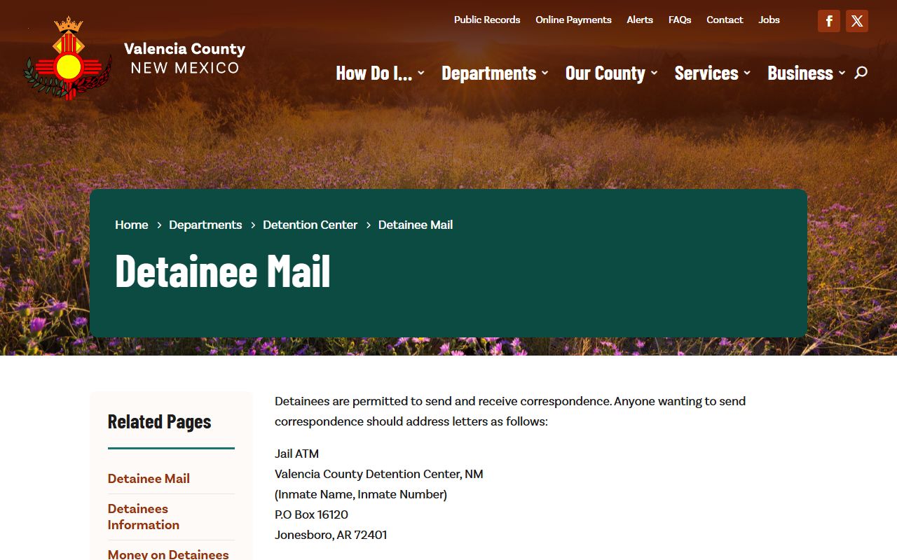 Valencia County inmate records detainee mail rules