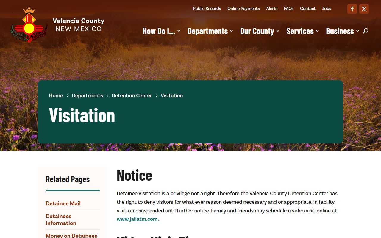Valencia County inmate records video visitation rules
