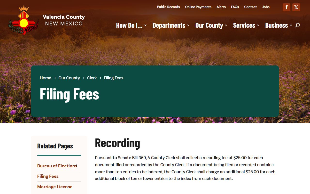 Valencia County marriage and divorce records clerk filing fees