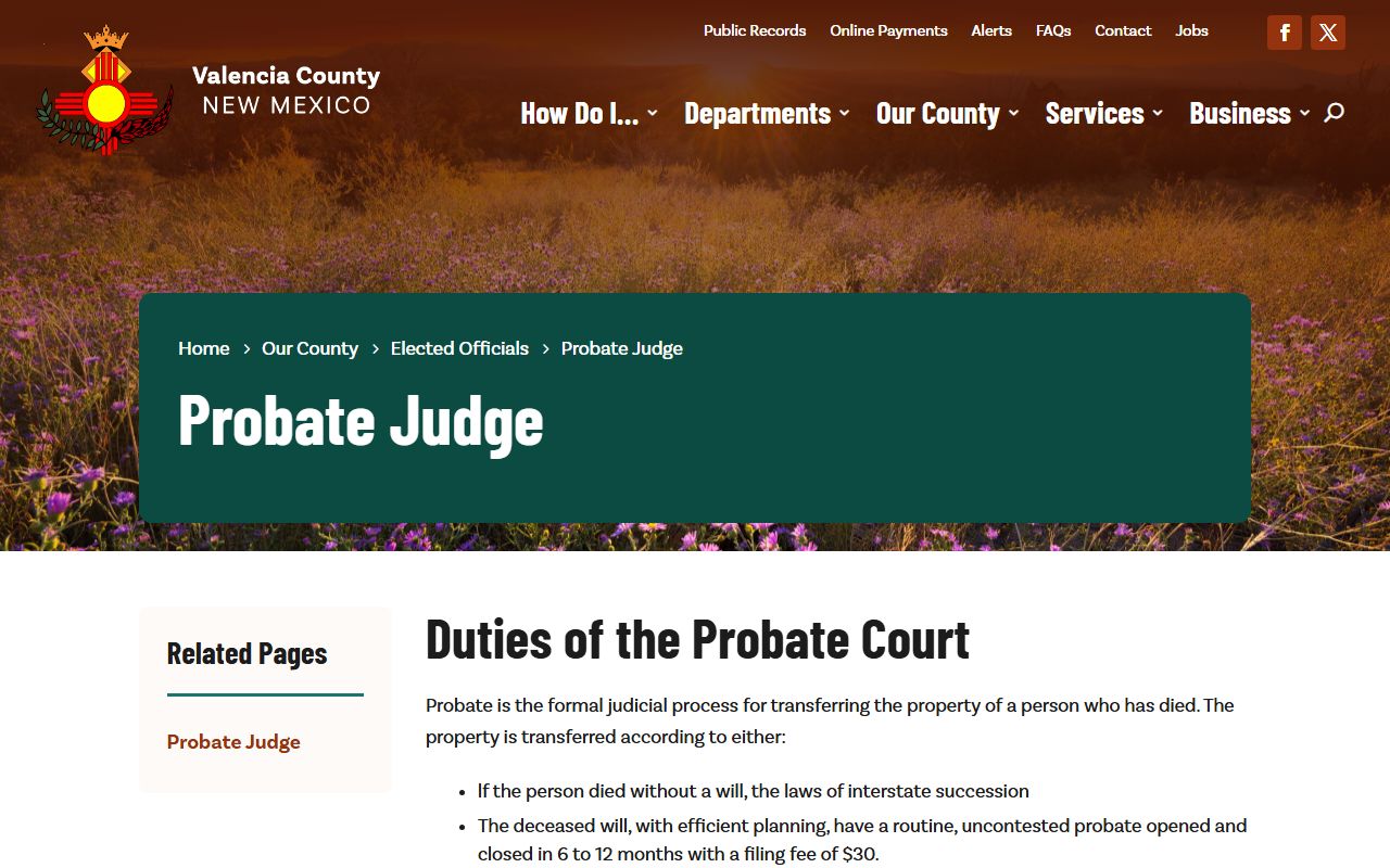 Valencia County probate records Probate Judge page